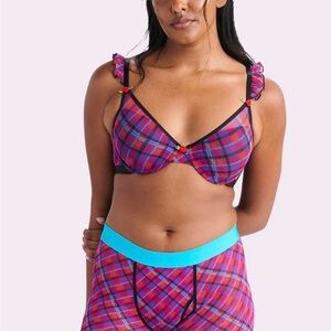 Plaid Ruffle Trim Bra and Panty Set
